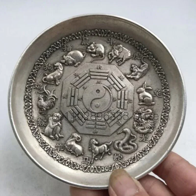 

Exquisite Rare Chinese tibet silver handcarved Zodiac plate table decoration