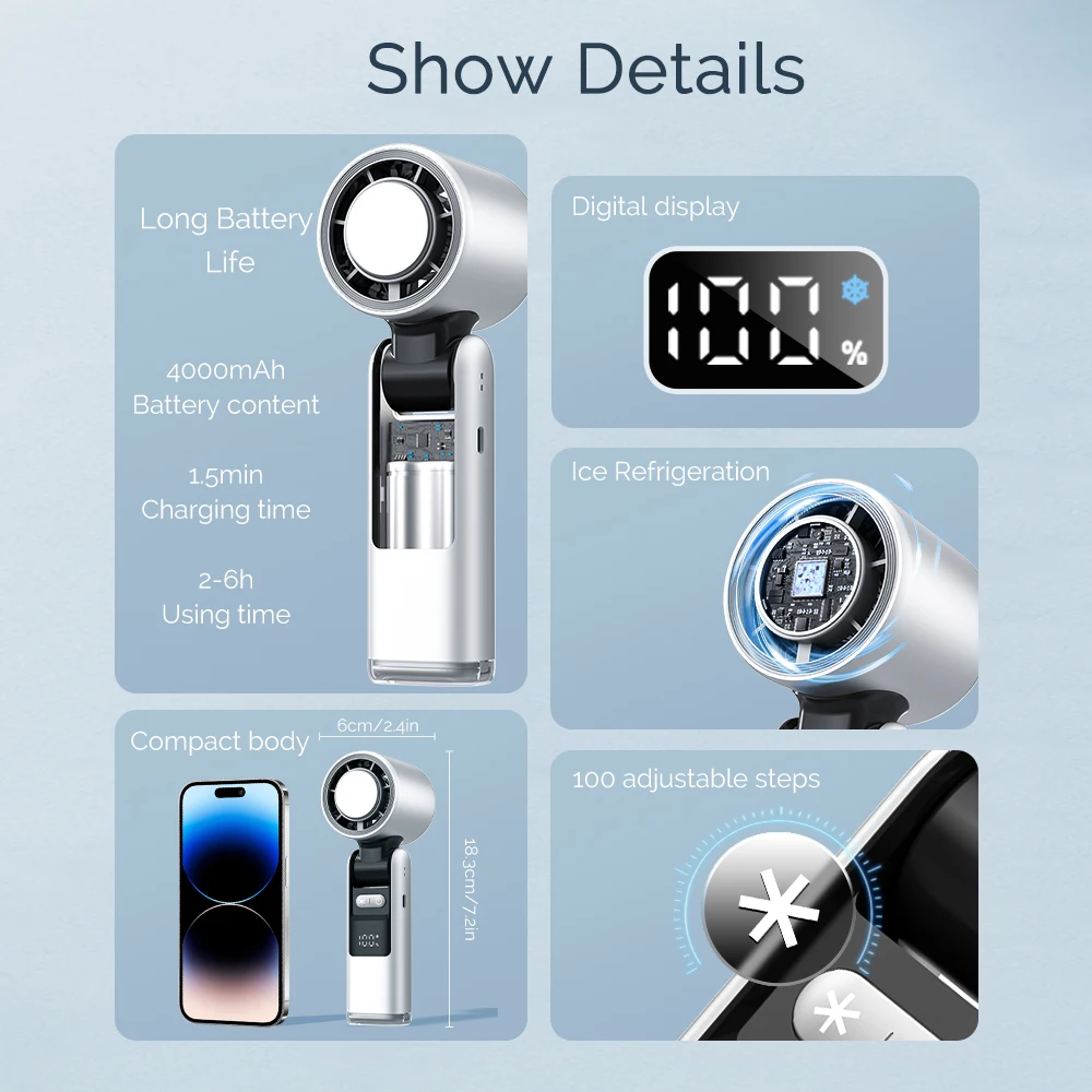 Foldable Air Cooling Rechargeable Fan 4000mAh Portable Mini Handheld Fan 100-Speed Stepless Turbo Wind for Outdoor Travel