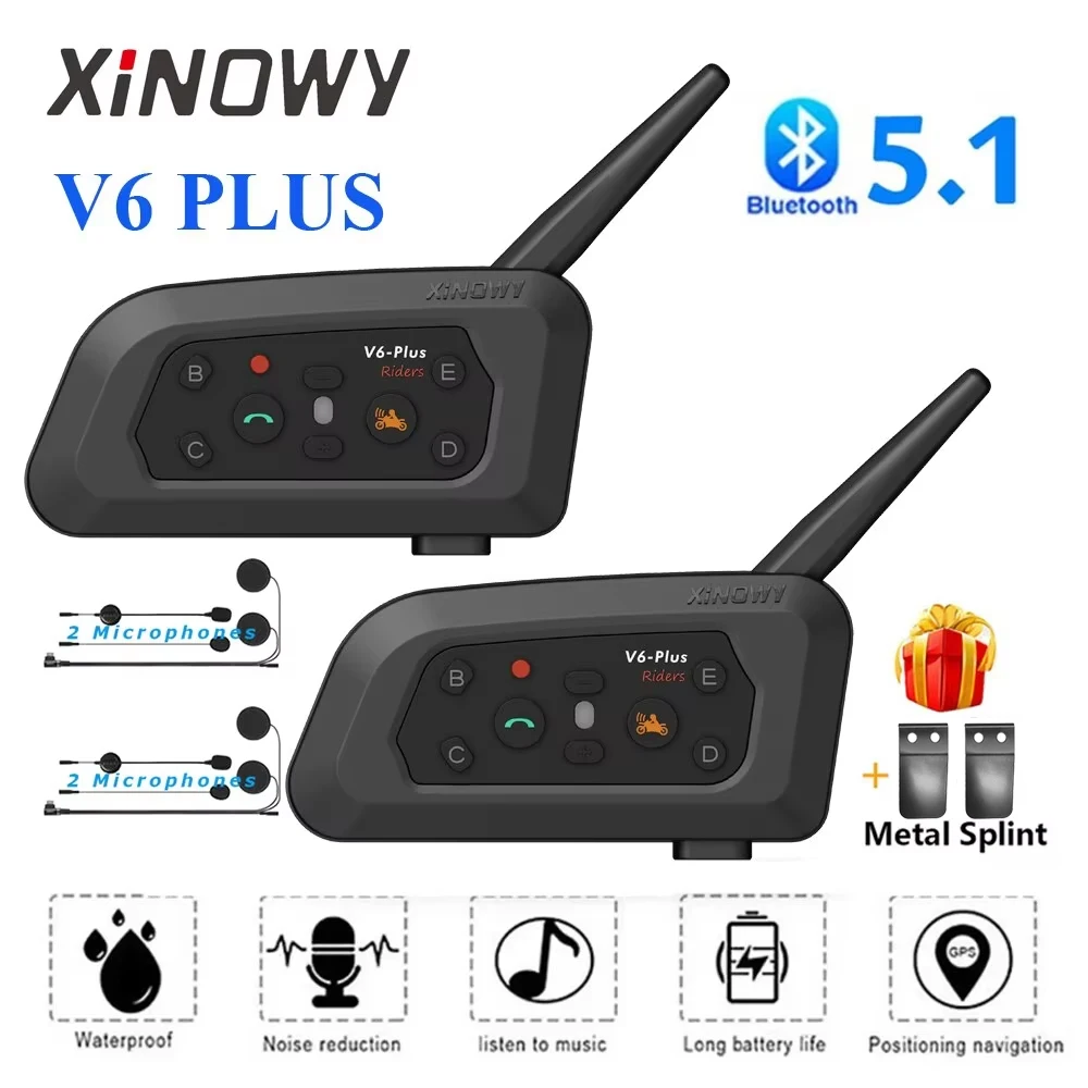 XINOWY V6 Plus Motorcycle Helmet Bluetooth Headset Intercom 1200M Interphone Communicator Waterproof 6 Riders