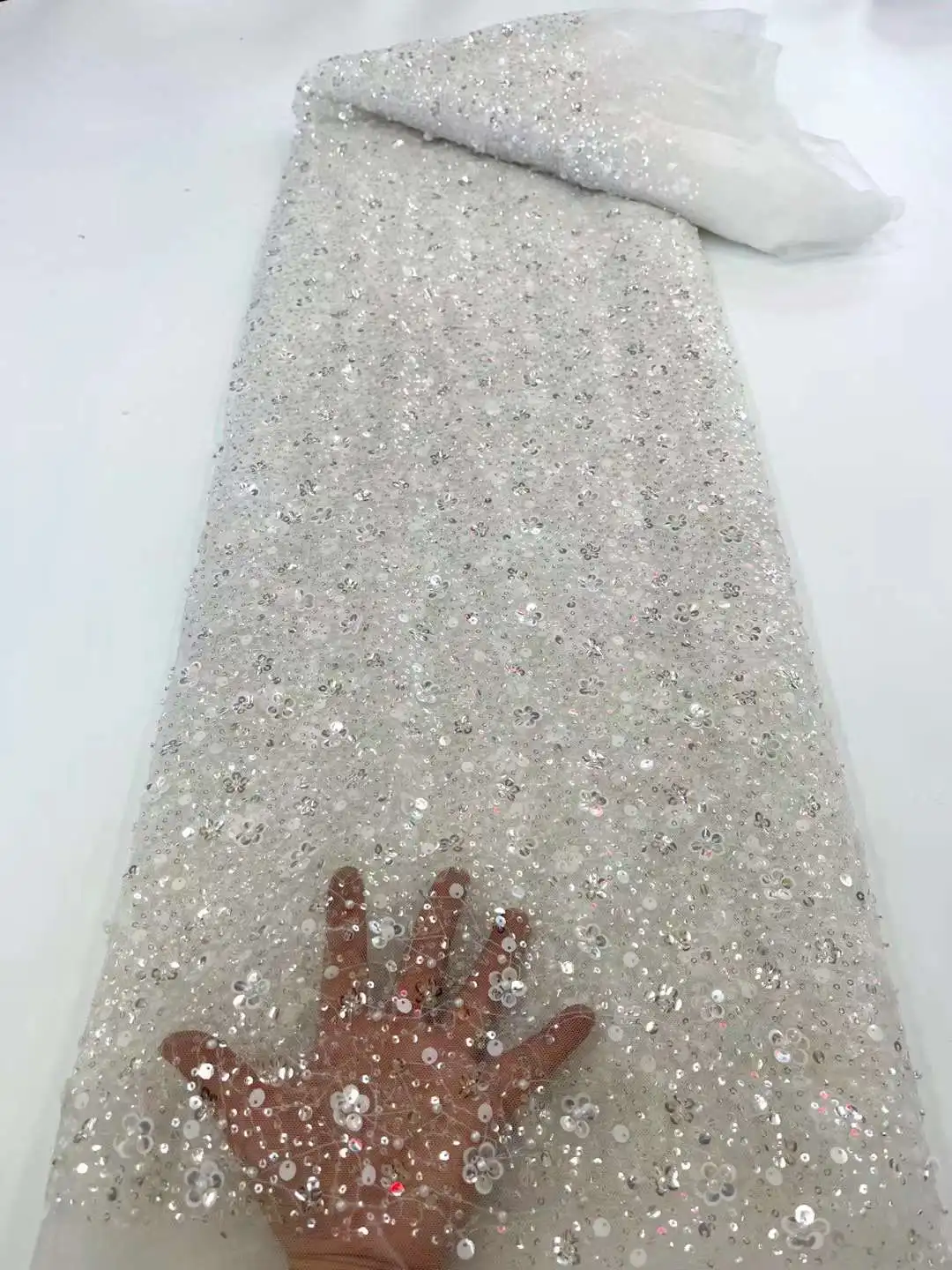 

Вышитый тюль белого цвета, Африканский материал с бусинами и морской французской кружевной ткани H-21.8111 для женвечерние НКИ или свадебного платья