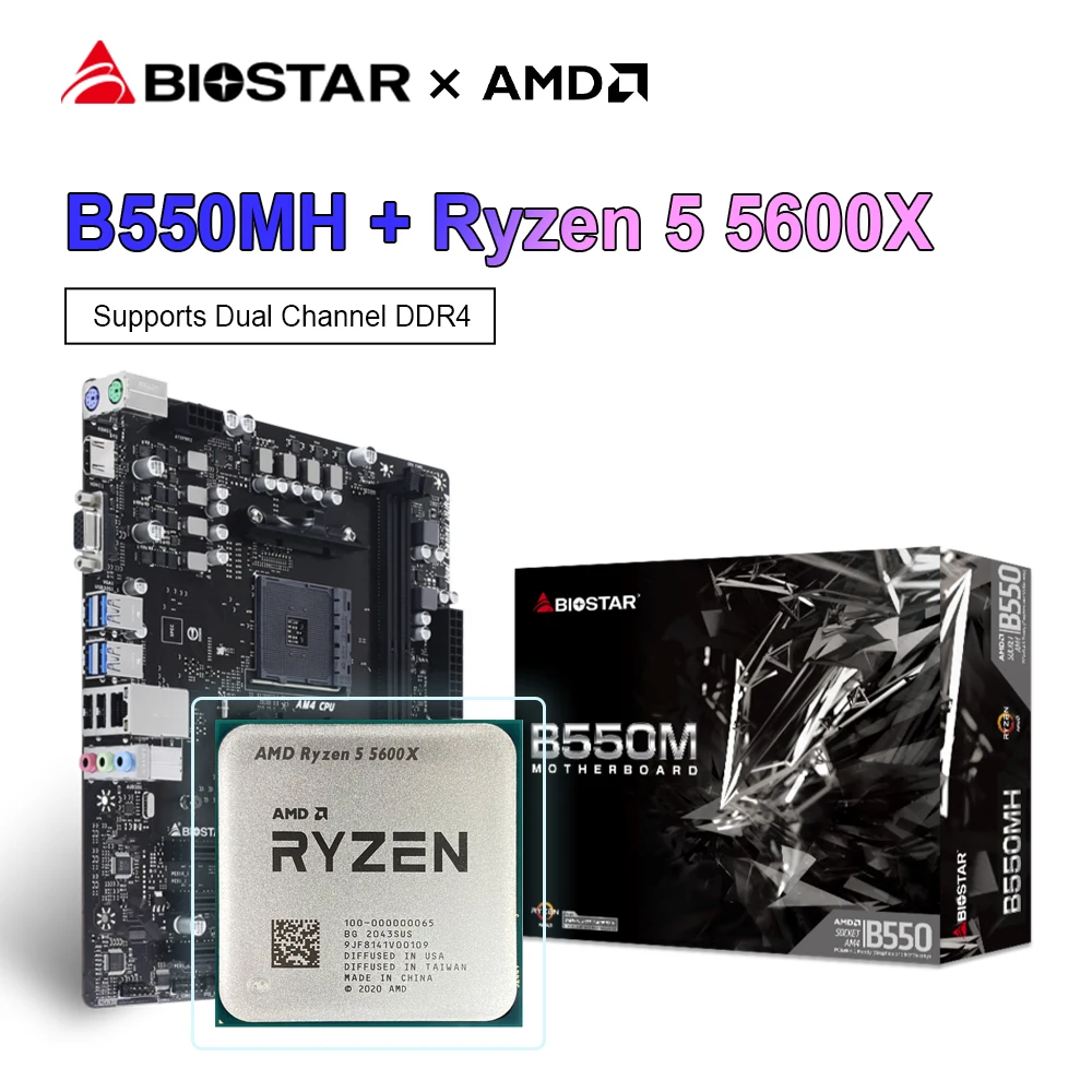 Biostar New Gaming B550Mh Scheda Madre Micro-Atx B550M + Amd Ryzen 5 5600X R5 5600X Processore Cpu Ddr4 64G Am4 Kit Scheda Madre