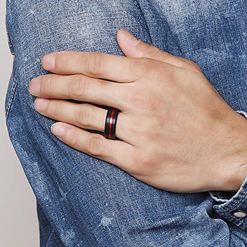 BONLAVIE Men's 8MM Black and Red Tungsten Carbide Ring Matte Finish Beveled Edges Size 7 To 16  For Men and Women 5