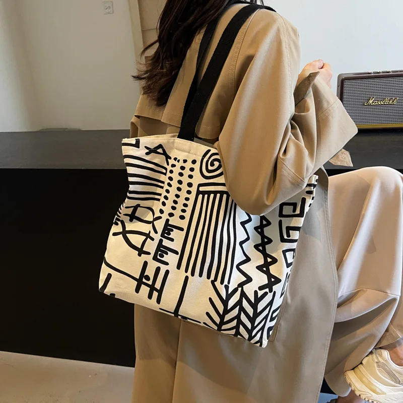 Fashion Printed Striped Canvas Bag, Large Capacity Lining Handbag, Campus Student Backpack, Youth Daily Shopping Literary Use