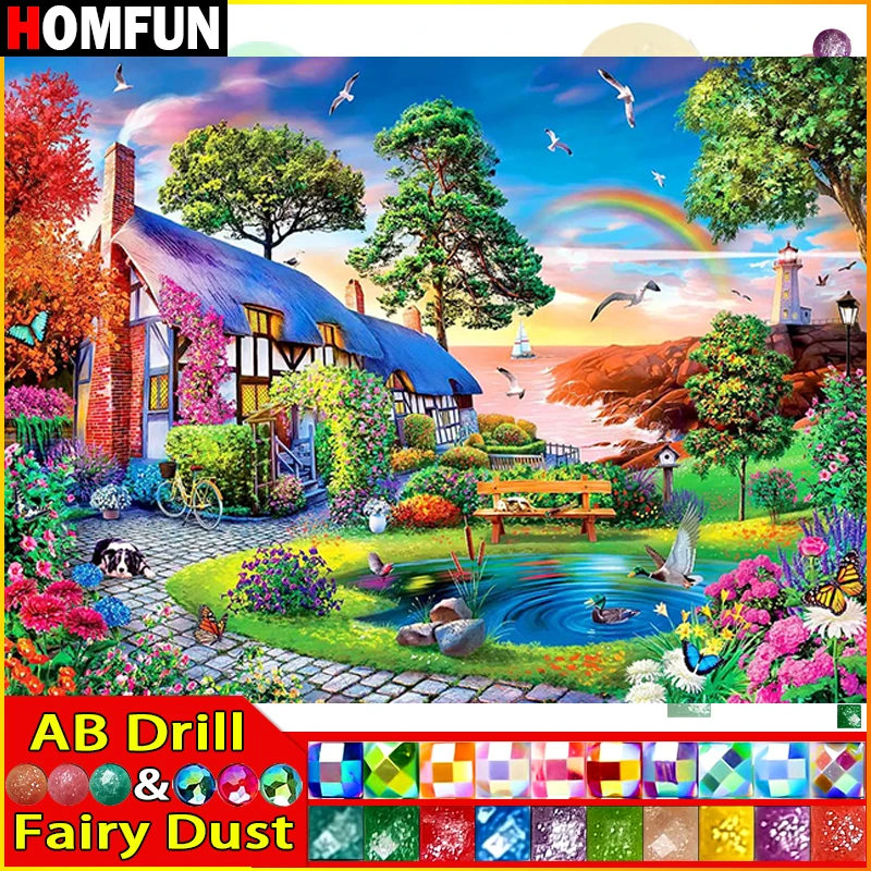 HOMFUN Fairy Dust AB Diamond Painting Full Square/Round Diamond Scenery House Tree Pattern Embroidery 5D Rhinestone Painting diamond painting diamond art painting kit diamond painting set