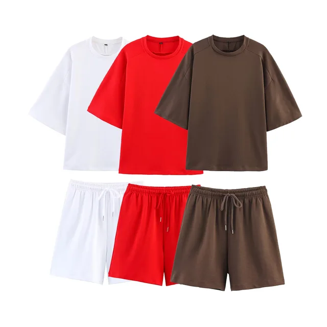 Women Summer Fashion 2 Pieces Short Sets Solid Loose T-Shirt and High Elastic Waist  Shorts Sportswear Female Chic Lady