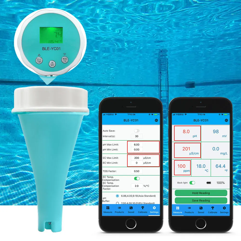 6 in 1 Water Quality Test Meter APP Online Monitor PH CL TDS EC ORP TEMP Tester BT Digital Chlorine ORP EC TDS Temp PH Meter
