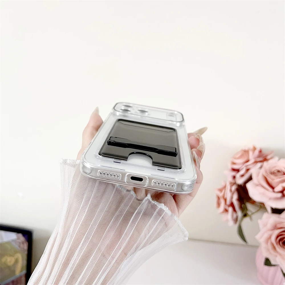Transparent Card Holder Wallet Case with Folding Stand and Candy Color Finish