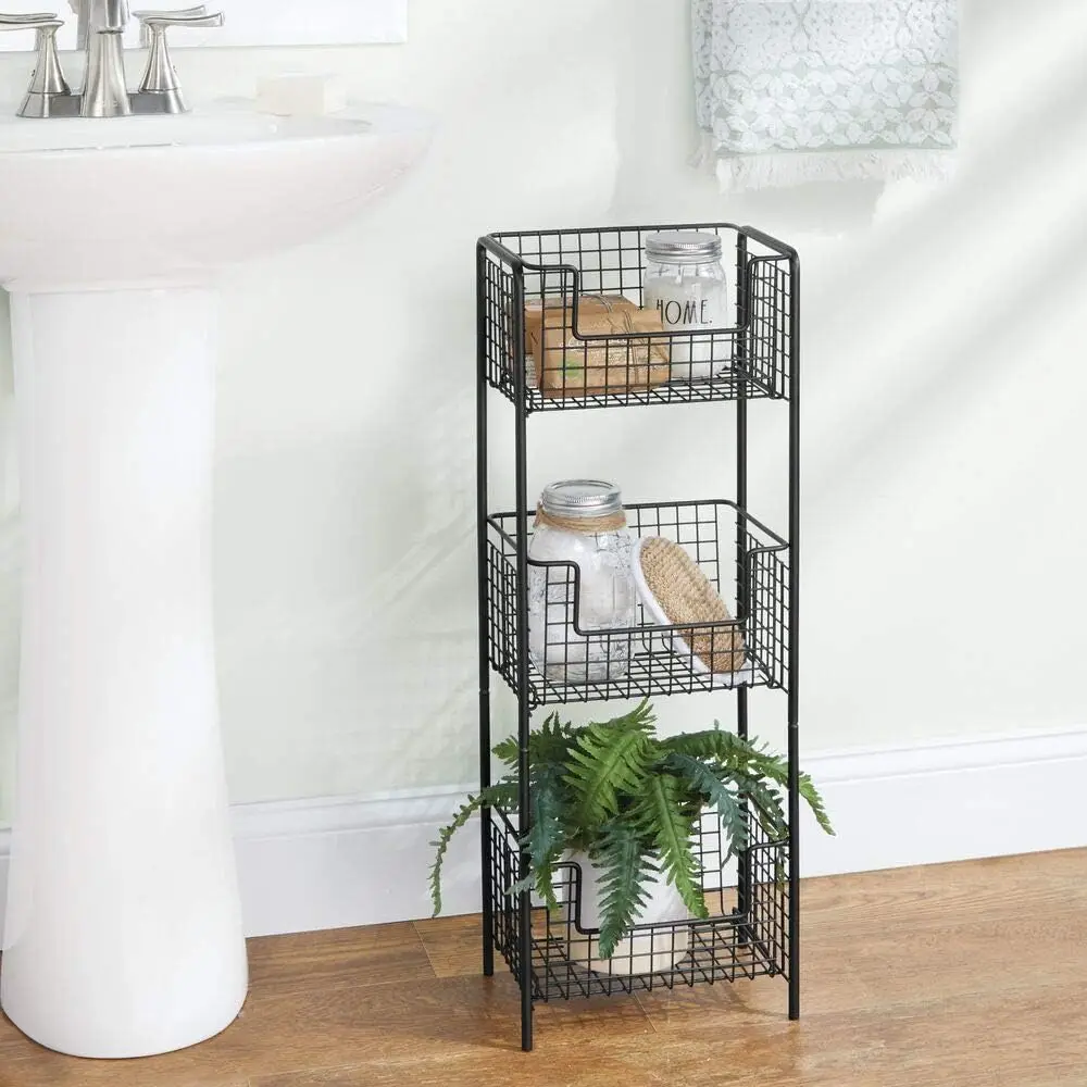 Steel Freestanding Storage Organizer Tower Rack Basket Shelf, Metal 3-Tier Furniture Unit for Master/Guest Bathroom, Powder