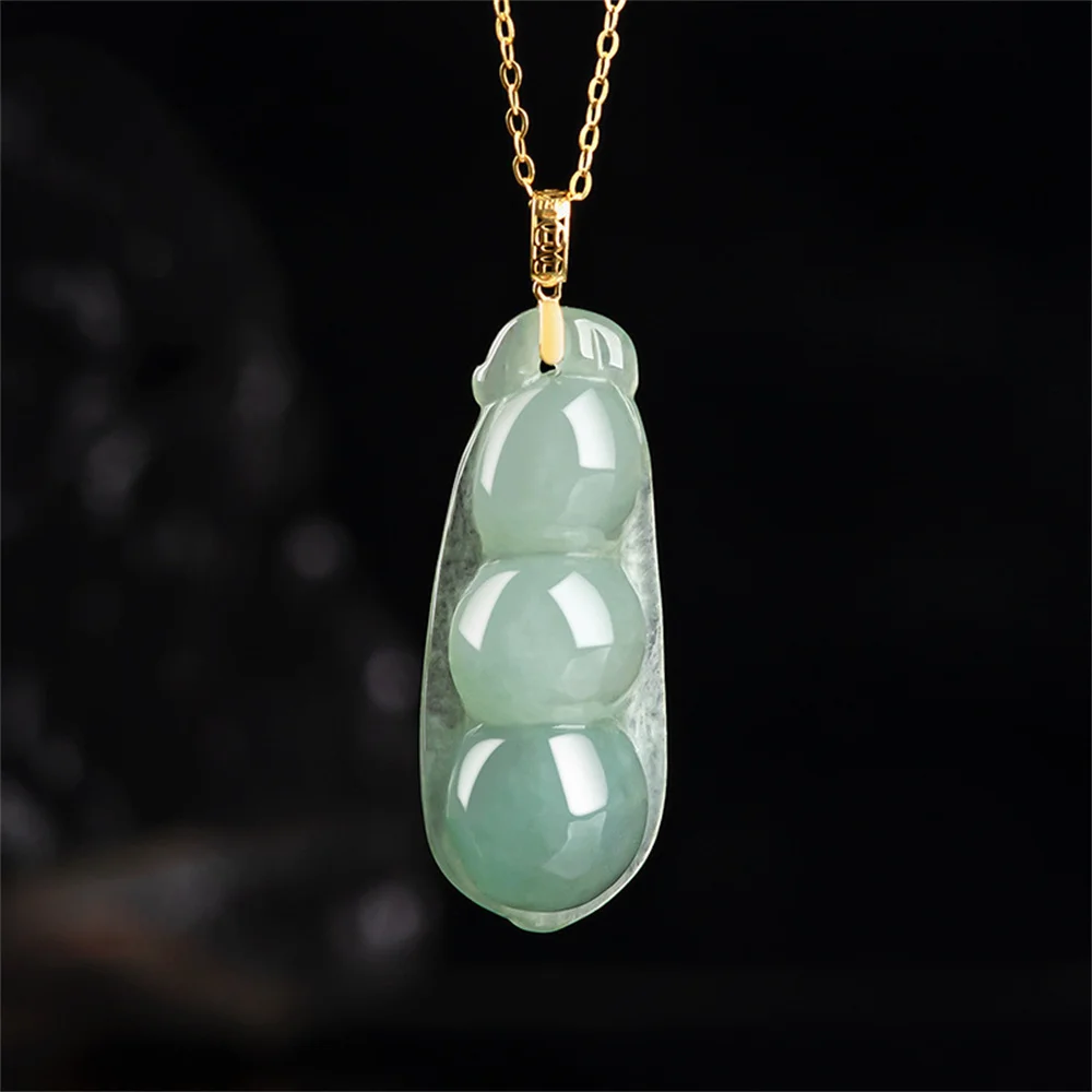 

18K Gold Natural Ice Green Jadeite Carved Charm Beans Style Lucky Pendant Amulet Chain Necklace Certificate Luxury Jade Jewelry