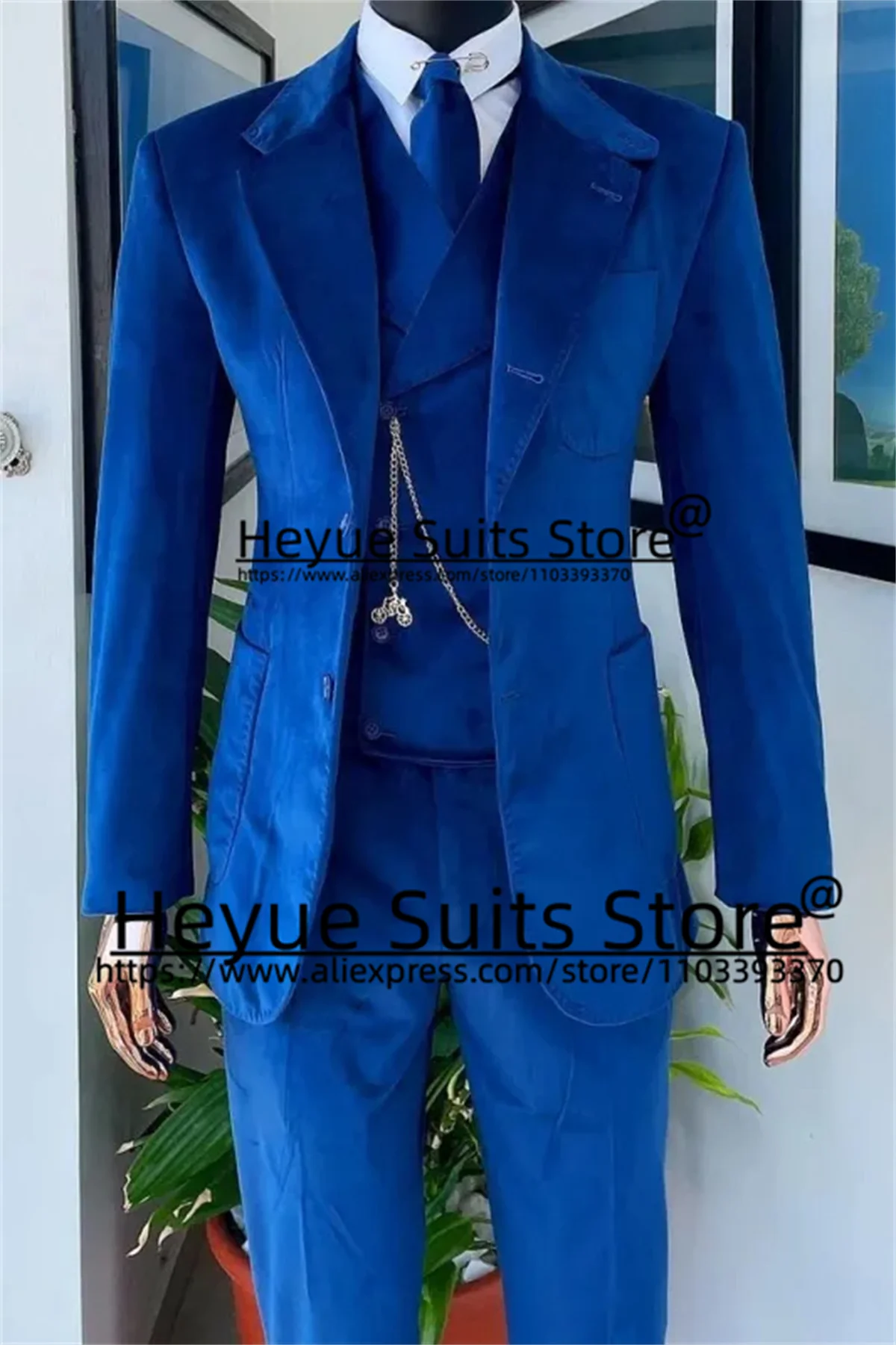 Royal Blue Corduroy Business Men Suits Custome Slim Fit Notched Lapel Groom Tuxedos 3 Pcs Sets Elegant Male Blazer Costume Homme