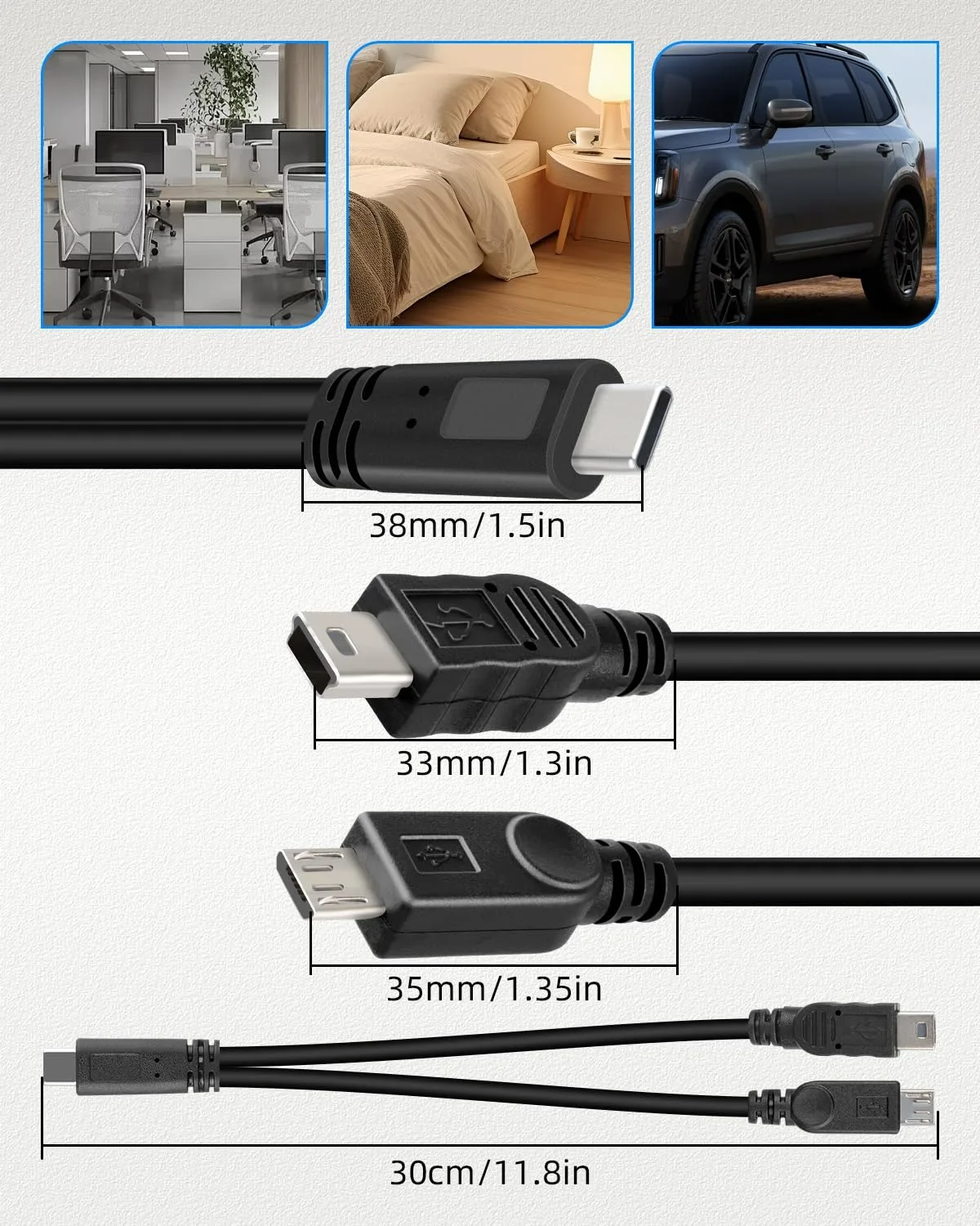 Compact USB-C Y Splitter Charging Cable - 2-in-1 Type C to Mini Micro Charge Cord
