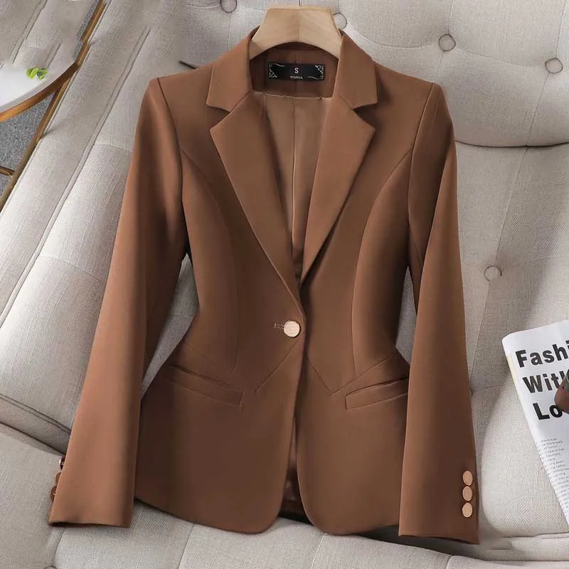 High Quality Coffee Beige Black Ladies Single Button Blazer Jacket Women Female Solid Long Sleeve Business Work Wear Formal Coat