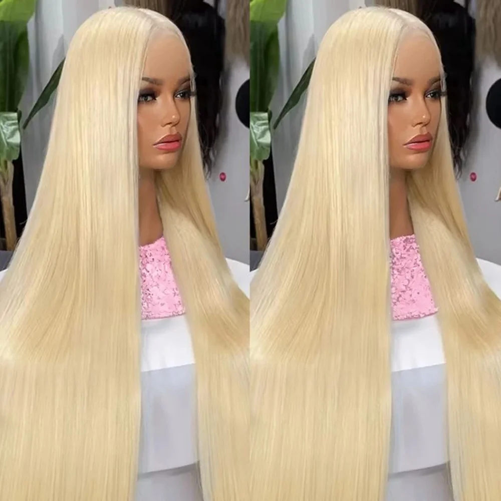613 Blonde Human Hair Wig 4x4 Transparent Lace Front 250% Density Pre Plucked Natural Hairline Straight Blonde Lace Frontal Wig 1