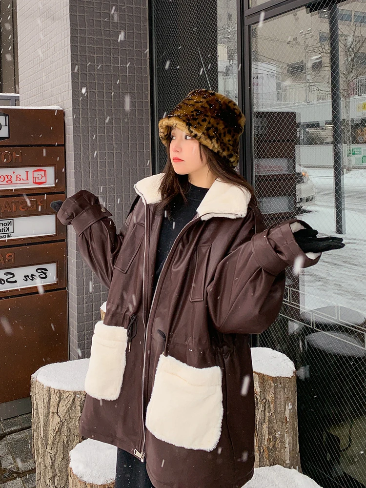 Nerazzurri Zip Up Oversized Black Warm Thick Leather Jacket Women