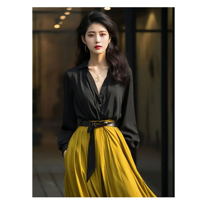 

High End Women's Clothing Office Lady Black Yellow Shirt Skirt Set Goddess Custume Ins French Retro Elegance
