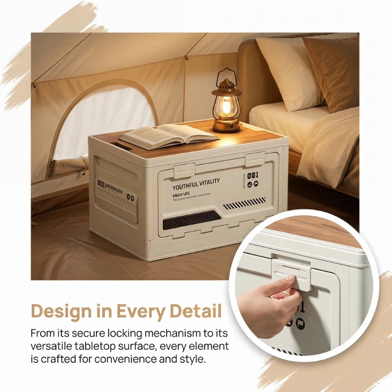 Folding Storage Box with Wooden Lid Car Trunk Organizer Multifunctional Box for Outdoor Camping Home Daily Storage - 3