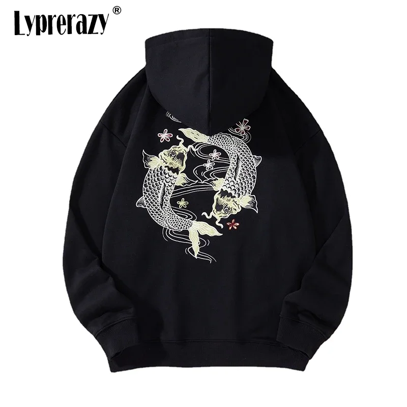 

Lyprerazy Chinese Style Koi Fish Embroidery Hoodies National Tide Embroidery Cotton Loose Couple Pullovers