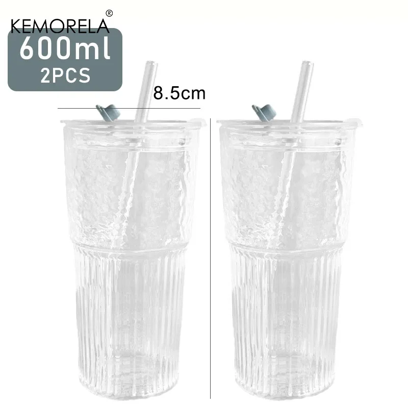 Set of 600ml Stripe Glass Cups with Lid and Straw – Ideal for Beverages and Iced Coffee