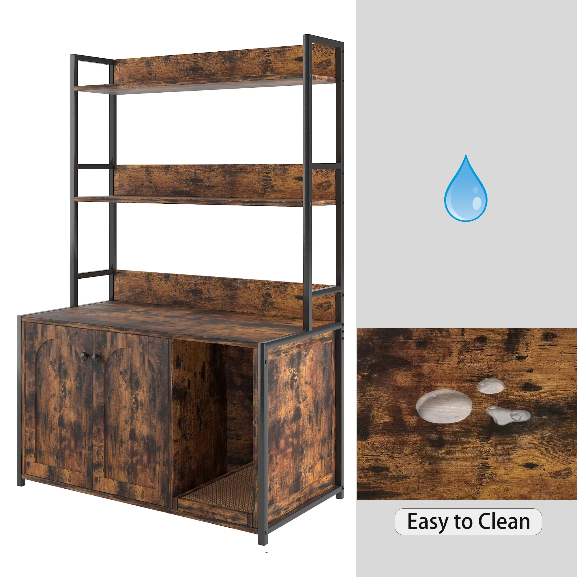 Cat Litter Box Enclosure 2-Tier Display Storage Shelves Wooden Cat House Washroom Metal Frame Cabinet Furniture