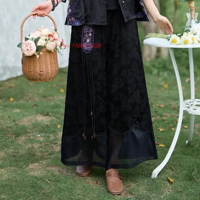chinese vintage flower embroidered pants traditional satin jacquard mesh trousers national elastic waist wide leg pants