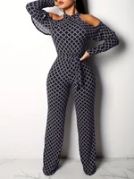 Plaid Print Rompers Womens Jumpsuit Off Shoulder Ruffles Long Sleeve Bandage Overall Elegant Belted Plus Size Wide Leg Bodysuit - Image 6