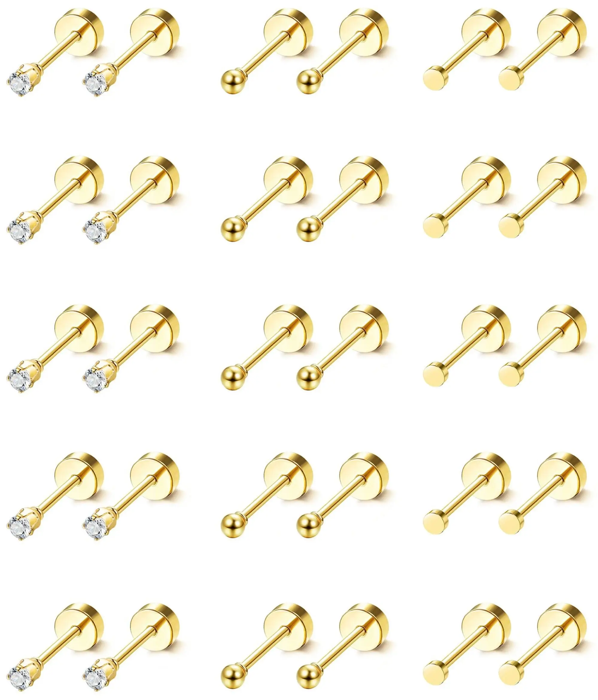 15 Pairs Tiny Surgical Steel Gold Stud Earrings, Comfortable Screw Back Flat Back Earrings with CZ Dot Ball Stones, 2mm, 20G 1
