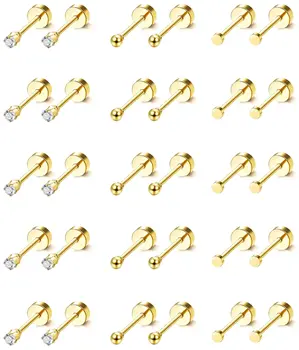 15 Pairs Tiny Surgical Steel Gold Stud Earrings, Comfortable Screw Back Flat Back Earrings with CZ Dot Ball Stones, 2mm, 20G 1