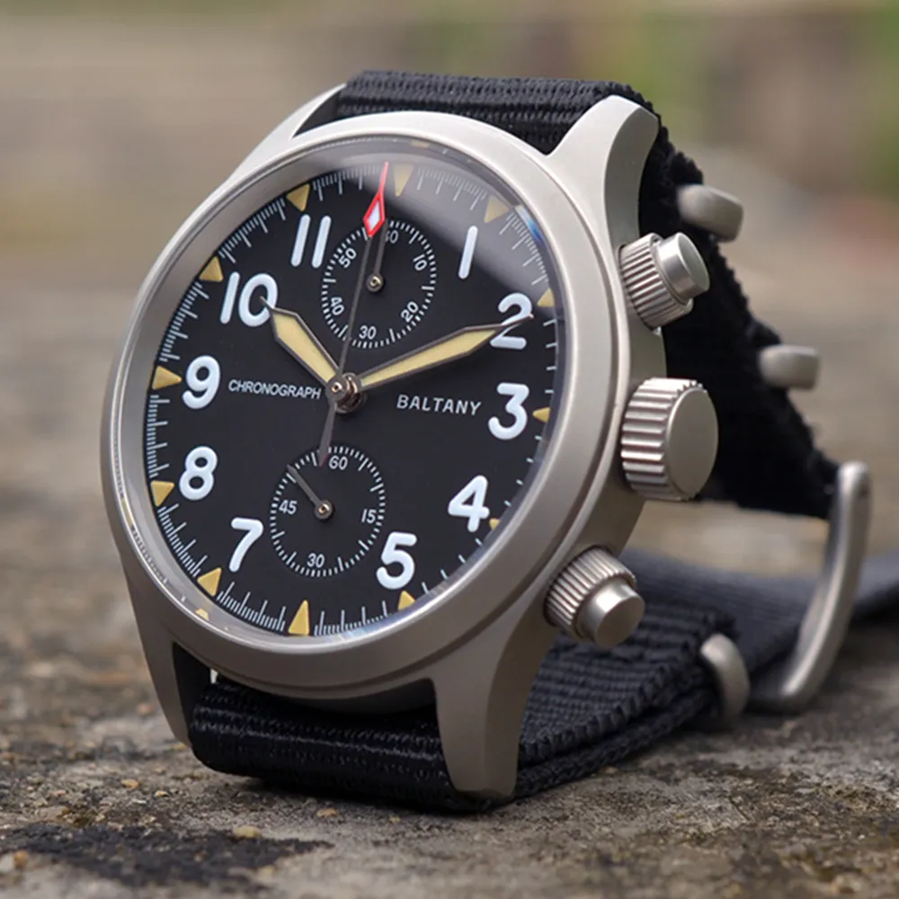 

Vintage Pilot Chronograph Watch Men 39mm Quartz Wristwatches Baltany Military 100m Diver Chrono Watches VK61 Movt Luminous Clock