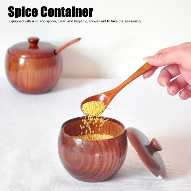 Wooden Spice Jar with Lid and Spoon Natural Wooden Salt Sugar and Pepper Storage Jar Kitchen Seasoning Tools Herb Holder