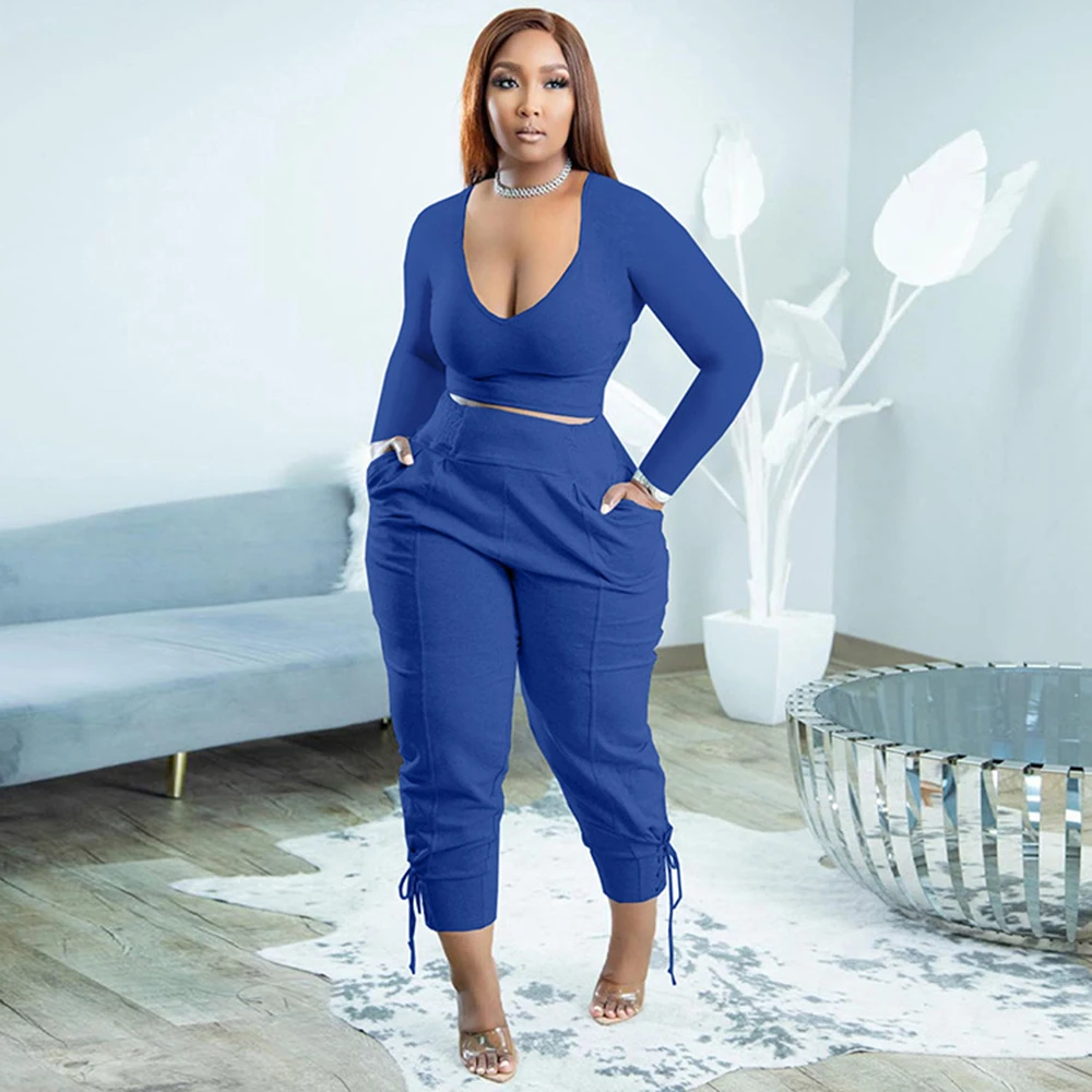 Autumn Winter Ladies 2 Piece Set long sleeve Top and Pants Set V Neck