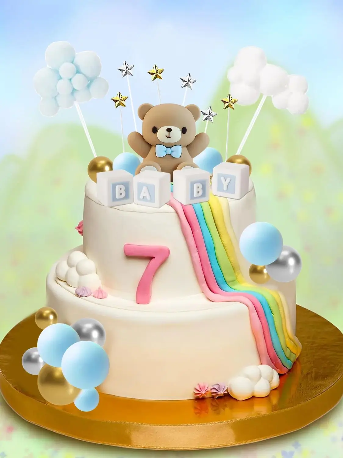 38 Stück blaue Bär Kuchen Dekorationen Teddybär Sterne Wolken Gold Silber Schaum Junge Mädchen Geburtstag Geschlecht offenbaren Party Kuchen Dekoration – Detail 6
