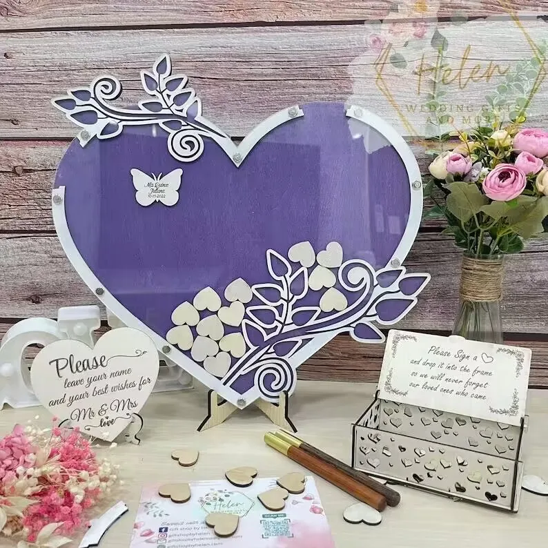 Guestbook Rustic Wedding Guest Book Alternative frame Blue Drop box heart Wedding Wishes idea Wood drop box Personalized