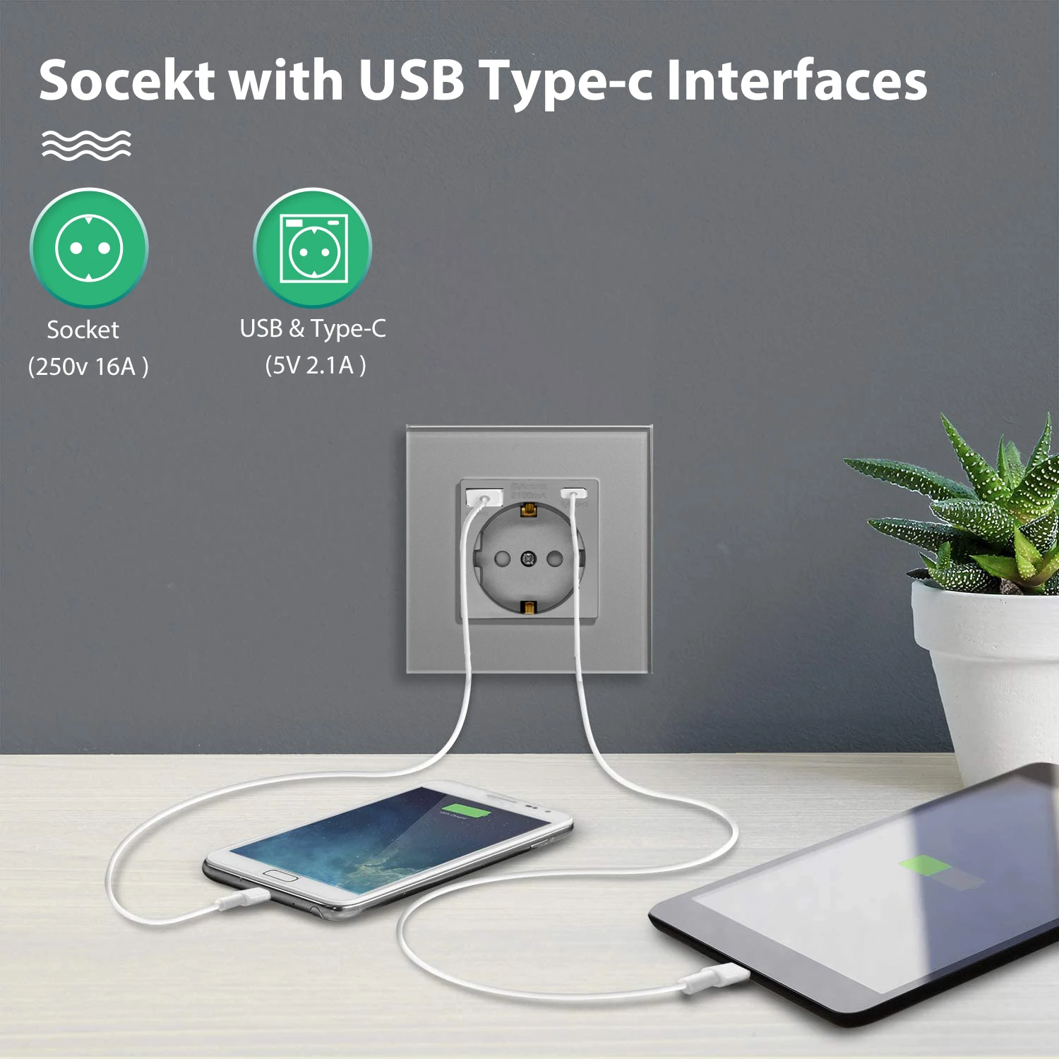 BSEED EU 벽 소켓 이중 USB 전화 충전 유형-c 소켓 단일 유리 크리스탈 전력 콘센트 16A 110V-240V 소켓