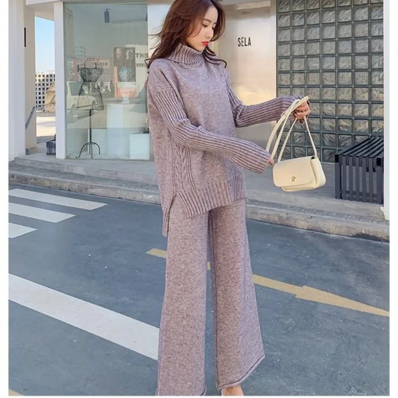 2023-new-maternity-autumn-outfit-for-autumn-winter-solid-color-knitted-turtleneck-sweater-loose-wide-leg-pants-two-piece