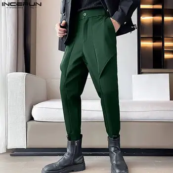INCERUN-남성 캐주얼 바지 단색 버튼 포켓 불규칙한 바지 스트리트웨어 조깅 레저, 한국 스타일 2023