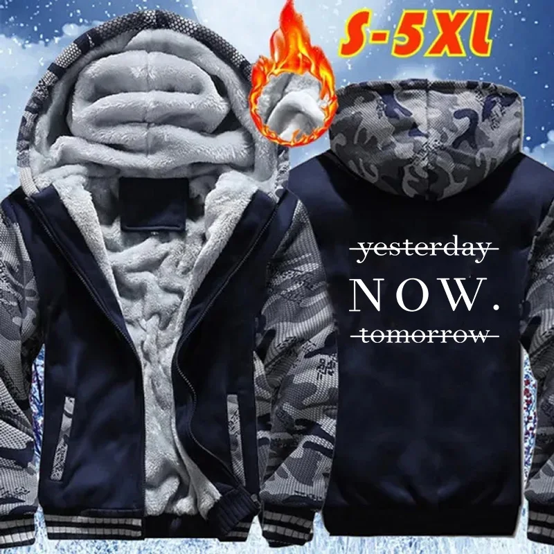 

Men's Hoodie Sweatshirt Funny Letter Not Yesterday, Not Tomorrow, Now Winter Thicken Fleece Jacket Sportswear Warm Coat