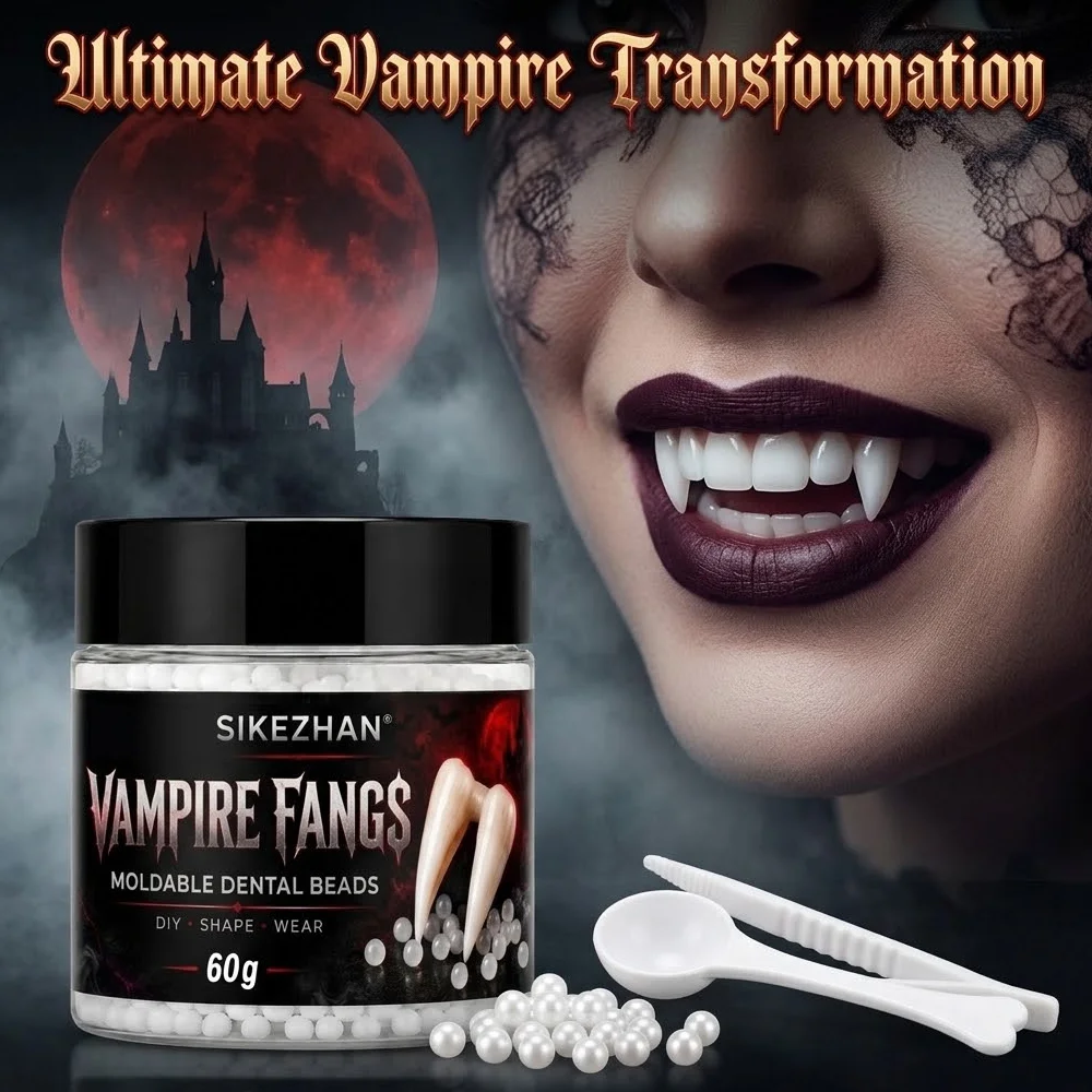 Spooky Vampire Fangs DIY Kit with Moldable Adhesive Beads for Cosplay and Costume Parties