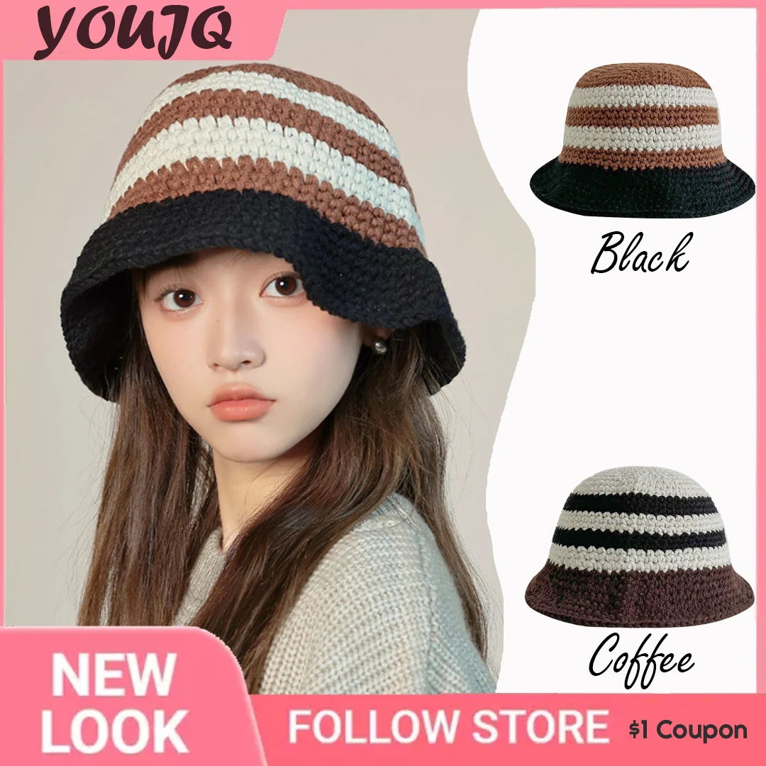 

INS Korean Autumn Color Striped Knitted Fisherman Hats for Women Retro Casual Versatile Washbasin Bucket Hat Gorra Kawaii