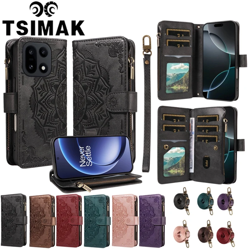 Luxurious Leather Phone Case with Magnetic 9-Card Zipper Wallet and Strap