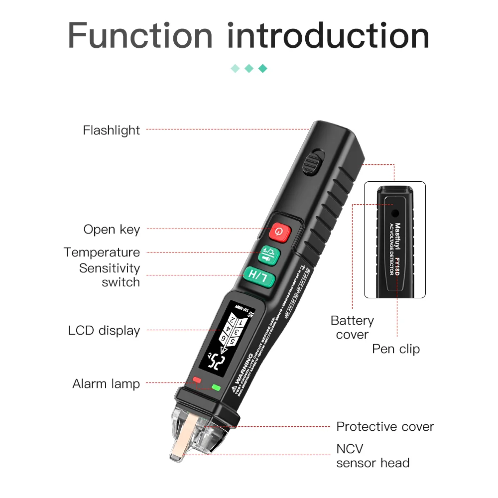 MASTFUYI FY18D 비접촉 전압 검출기 LCD 스크린 전기 펜, AC 전압 테스터, 브레이크 포인트 파인더, 12V-1000V 온도