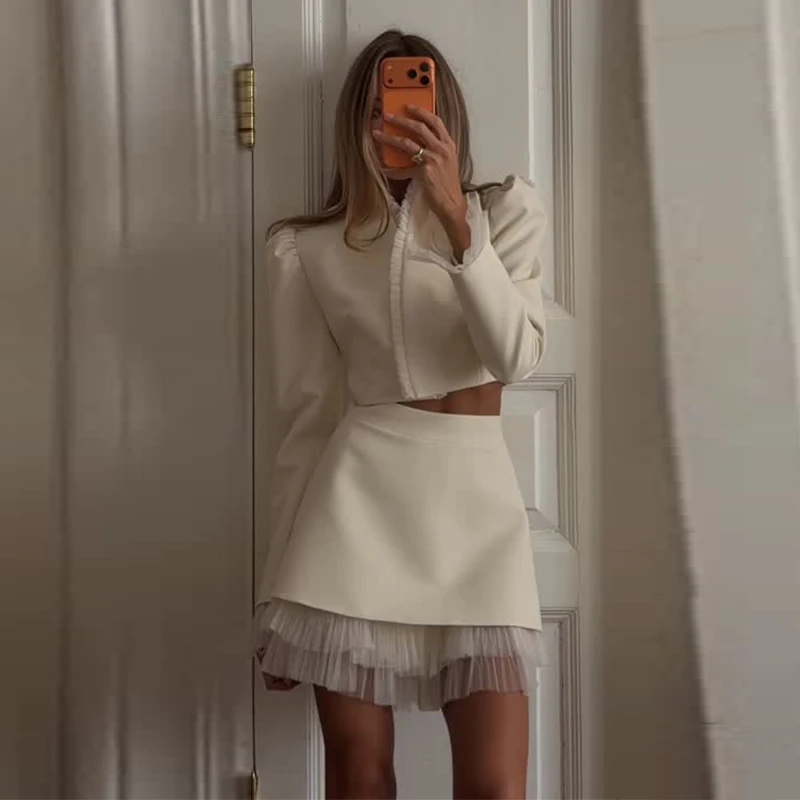 Mesh Women's Two Piece Set Puff Sleeve V Neck Blazer Mesh Suit Skirt Suit Set Daily Commuter Outfit 2026 Summer Style 3