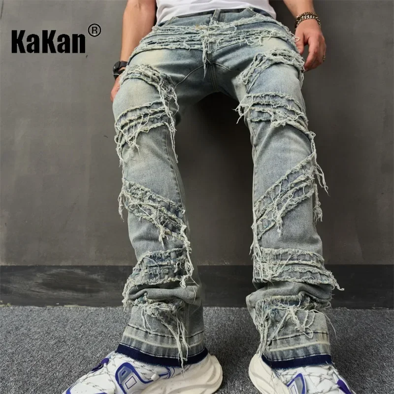 Kakan - New European and American Distressed Stitching Denim Jeans for Men's Wear, Wearing Out Hip-hop Pants K49-708