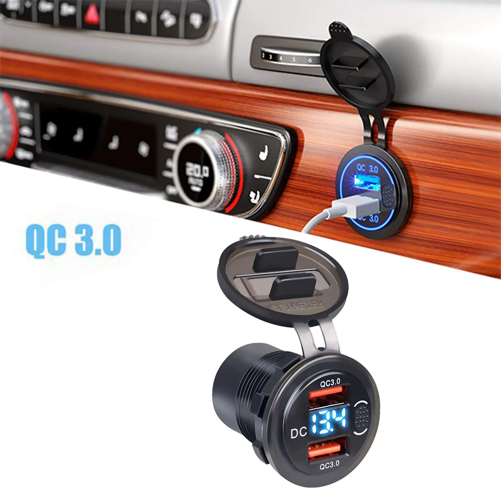 차량용 고속 충전 듀얼 QC3.0 USB 충전기 소켓, 단추 스위치 LED 전압 디스플레이, 파란색 고속 충전