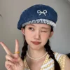 Denim Pearl Bow Kont Beret Cap Korean Vintage Y2k Lace Hat Summer Designer Female Thin Denim Beach Travel Sunscreen Painter Cap 2
