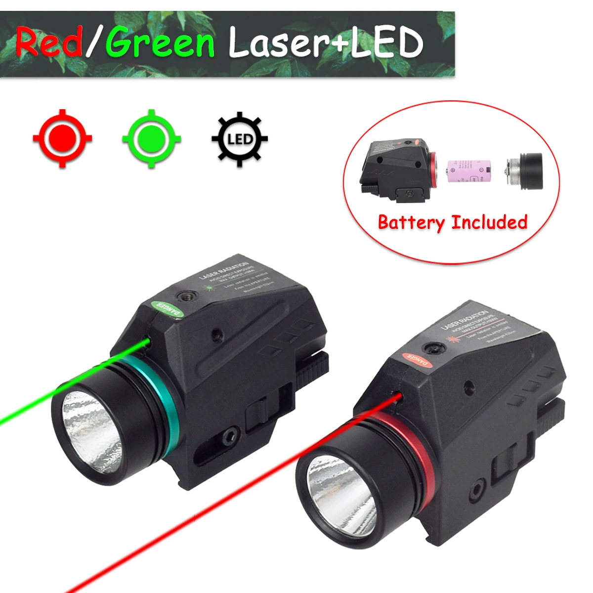 

Weapon Gun Light With Battery Red Green Dot Laser Sight Pointer Combo LED Flashlight Airsoft Pistol Glock 17 19 CZ75 20mm Rail