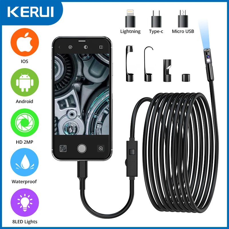 KERUI 2MP Endoscope Android Mini Inspection Camera Single/Dual Lens for Iphone Waterproof Pipeline Borescope Type C IOS 1