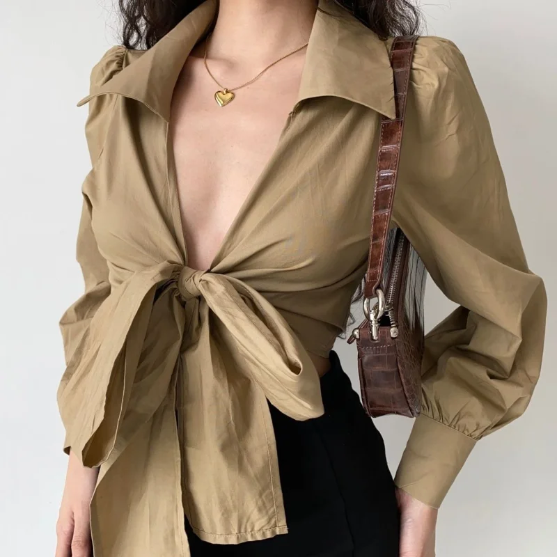 

Fashion Elegant Sexy Women Shirt 2023 Spring Summer Vintage V-Neck Casual Ladies Blouses Long Sleeve Crop Top