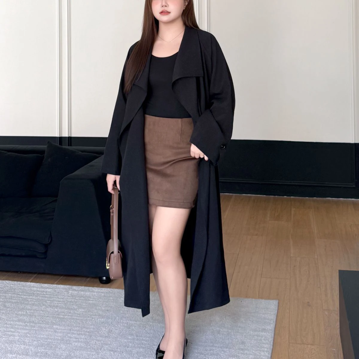 Fashion Plus Size Women's Trench Coat Premium Modern Large Lapel Commuter Loose French Long Overcoat 9324