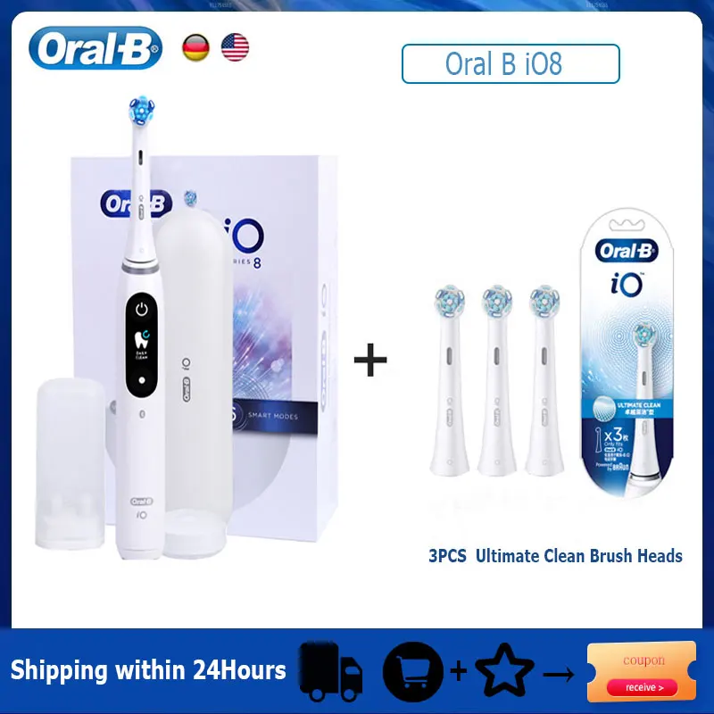 thumbnail image 1 of Cepillo de dientes eléctrico Oral-B iO8, recargable, inteligente, sónico, 6 modos, con cabezales de repuesto, estuche de viaje para adultos, 1 of 5