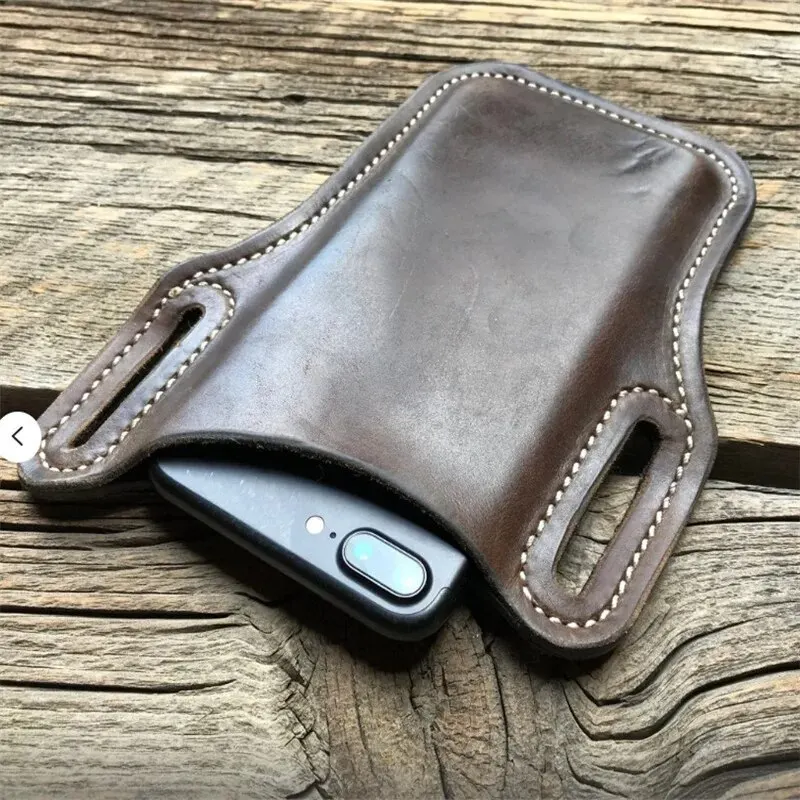 Phone Waist Bag 1PCS Retro Crazy Horse Leather Phone Waist Bag Wearing Belt Men Hanging Waist Bag Outdoor Sports Work Phone